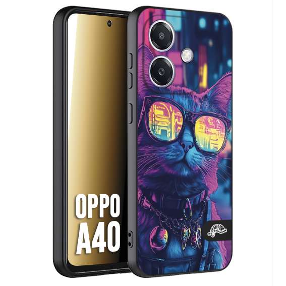 CUSTOMIZZA - Custodia cover nera morbida in tpu compatibile per Oppo A40 animali cyberpunk gatto street cat fucsia blu giallo