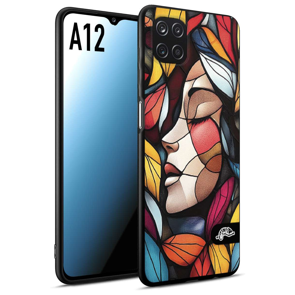 CUSTOMIZZA - Custodia cover nera morbida in tpu compatibile per Samsung A12 Vetrata artistica volto di donna profilo fogliare mosaico di vetro colorato