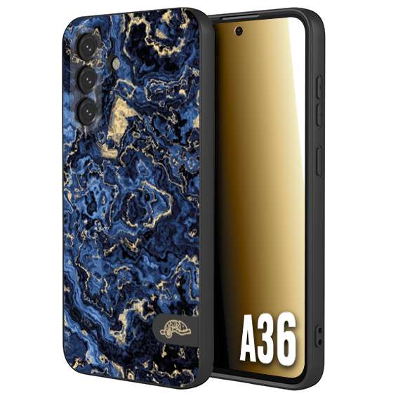 CUSTOMIZZA - Custodia cover nera morbida in tpu compatibile per Samsung A36 effetto marmo marble blu venature dorato psichedelico