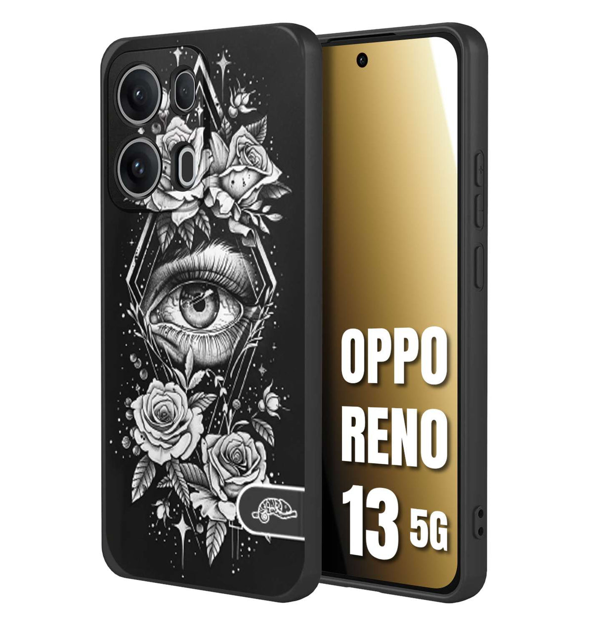 CUSTOMIZZA - Custodia cover nera morbida in tpu compatibile per Oppo Reno 13 5G occhio fiori rombo geometrico black and white bianco a rilievo disegnato tattoo tatuaggio
