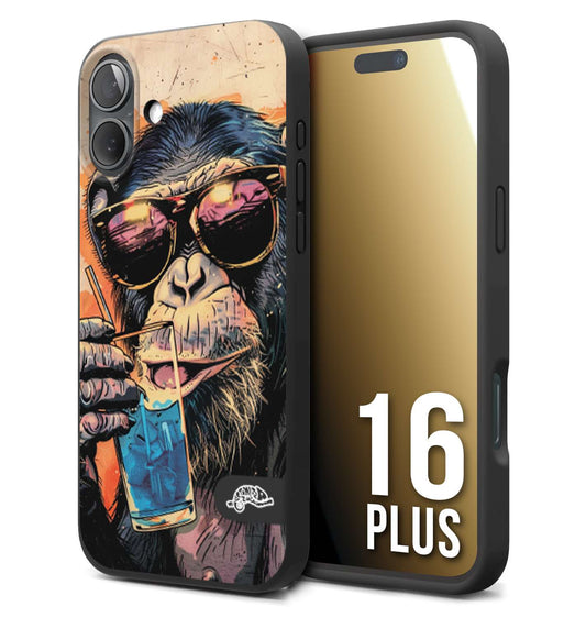 CUSTOMIZZA - Custodia cover nera morbida in tpu compatibile per iPhone 16 PLUS estate disegnata cocktails animali simpatici scimmia monkey negroni