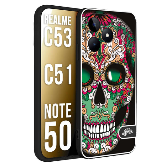 CUSTOMIZZA - Custodia cover nera morbida in tpu compatibile per Oppo Realme C53 - C51 - NOTE 50 teschio messicano Mexican skull verde fucsia