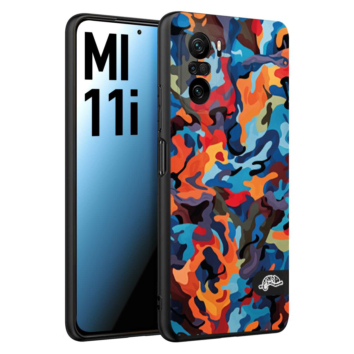 CUSTOMIZZA - Custodia cover nera morbida in tpu compatibile per Xiaomi Mi 11i camouflage mimetico militare moderno blu arancio rosso