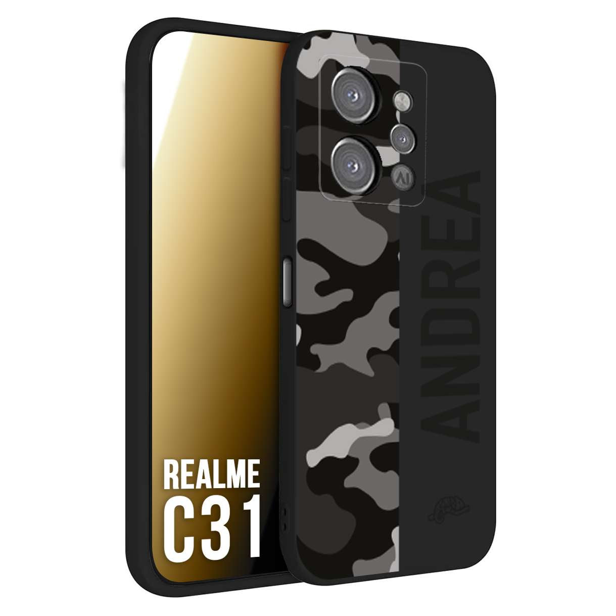 CUSTOMIZZA - Custodia cover nera morbida in tpu compatibile per Oppo Realme C31 camouflage mimetico militare personalizzata nome