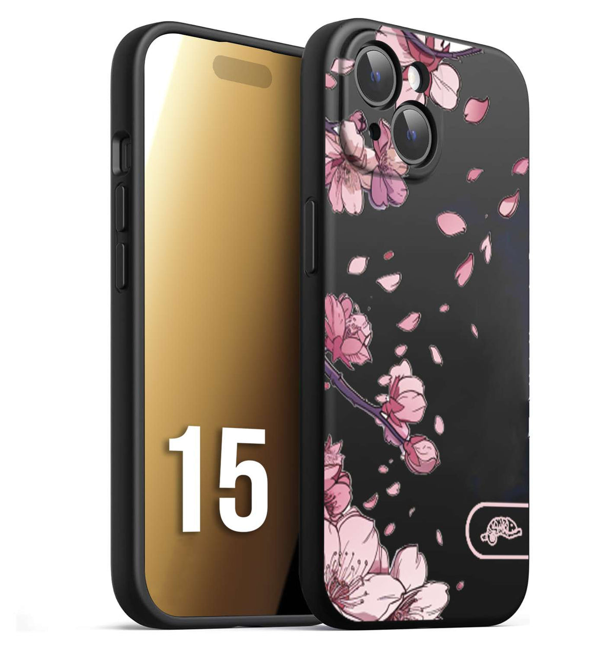 CUSTOMIZZA - Custodia cover nera morbida in tpu compatibile per iPhone 15 giapponese fiori di ciliegio in fiore a rilievo disegnata tattoo