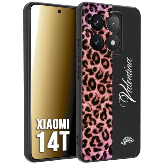 CUSTOMIZZA - Custodia cover nera morbida in tpu compatibile per Xiaomi 14T leopardato rosa fucsia personalizzata nome iniziali