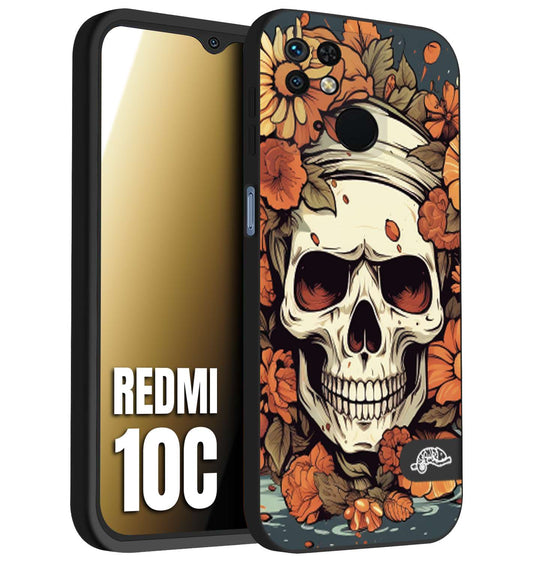 CUSTOMIZZA - Custodia cover nera morbida in tpu compatibile per Xiaomi Redmi 10C teschio skull flowers fiori tattoo disegnato alta definizione