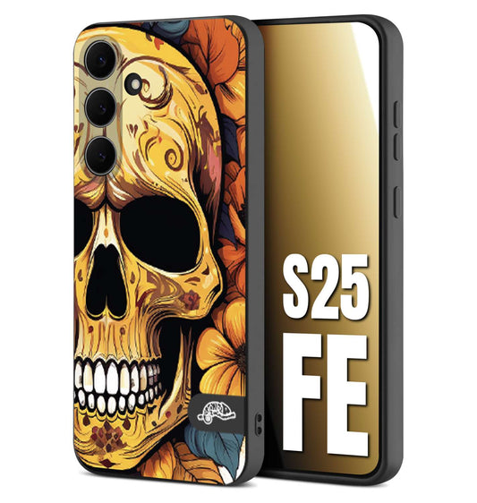 CUSTOMIZZA - Custodia cover nera morbida in tpu compatibile per Samsung S25 FE teschio messicano colorato dorato fiori autunnali disegnato
