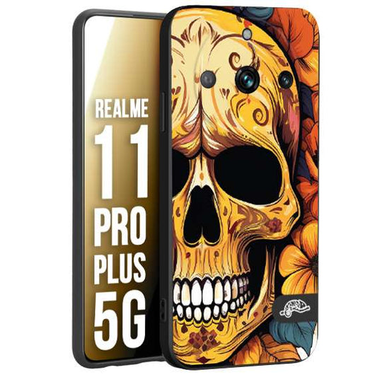 CUSTOMIZZA - Custodia cover nera morbida in tpu compatibile per Oppo Realme 11 PRO PLUS 5G teschio messicano colorato dorato fiori autunnali disegnato