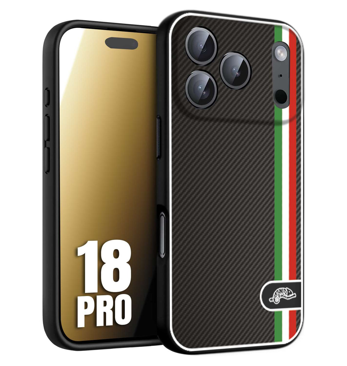 CUSTOMIZZA - Custodia cover nera morbida in tpu compatibile per iPhone 18 PRO effetto fibra di carbonio bandiera Italia made in Italy
