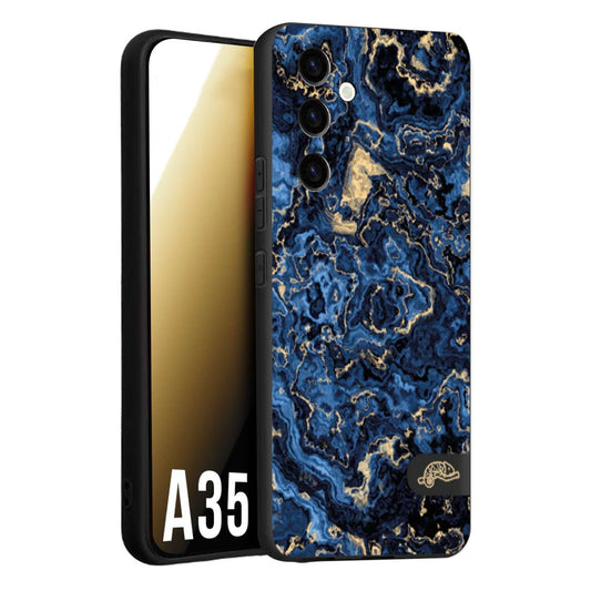 CUSTOMIZZA - Custodia cover nera morbida in tpu compatibile per Samsung A35 5G effetto marmo marble blu venature dorato psichedelico