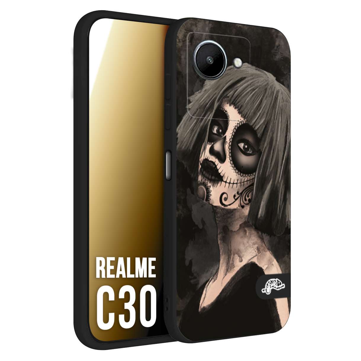 CUSTOMIZZA - Custodia cover nera morbida in tpu compatibile per Oppo Realme C30 chicana messicana dea de la muerte donna santa tattoo disegnata