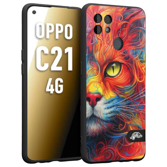 CUSTOMIZZA - Custodia cover nera morbida in tpu compatibile per Oppo Realme C21 4G animali color cat gatto viso colori vibranti disegnato schizzo