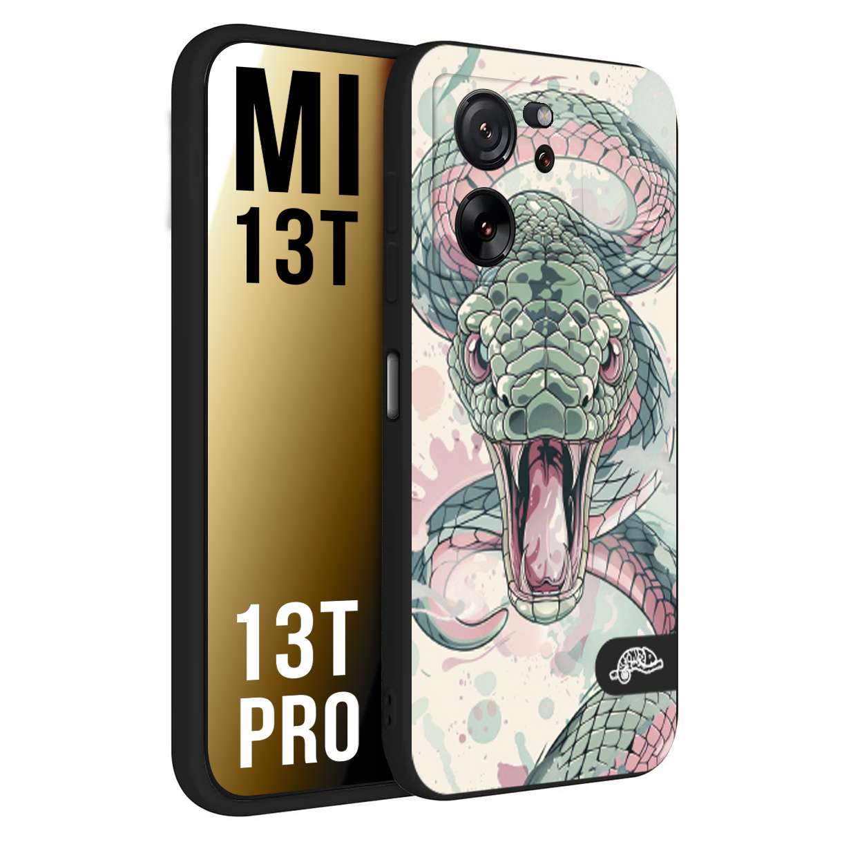 CUSTOMIZZA - Custodia cover nera morbida in tpu compatibile per Xiaomi 13T - 13T PRO snake pink green serpente tatuaggio tattoo disegnato a mano
