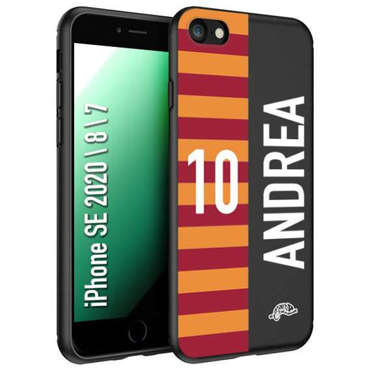 CUSTOMIZZA - Custodia cover nera morbida in tpu compatibile per iPhone 7 - 8 - SE 2020 / 2022 personalizzata calcio football nome e numero calciatori giallo rossi