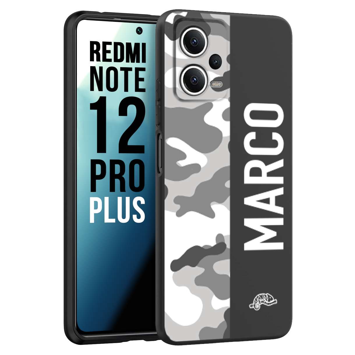 CUSTOMIZZA - Custodia cover nera morbida in tpu compatibile per Xiaomi Redmi Note 12 PRO PLUS camouflage mimetico militare personalizzata nome bianco