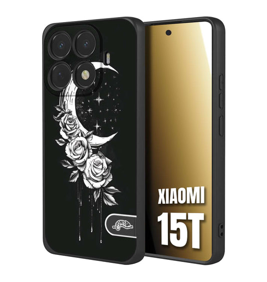 CUSTOMIZZA - Custodia cover nera morbida in tpu compatibile per Xiaomi 15T luna e fiori moon flowers black and white bianco a rilievo disegnato