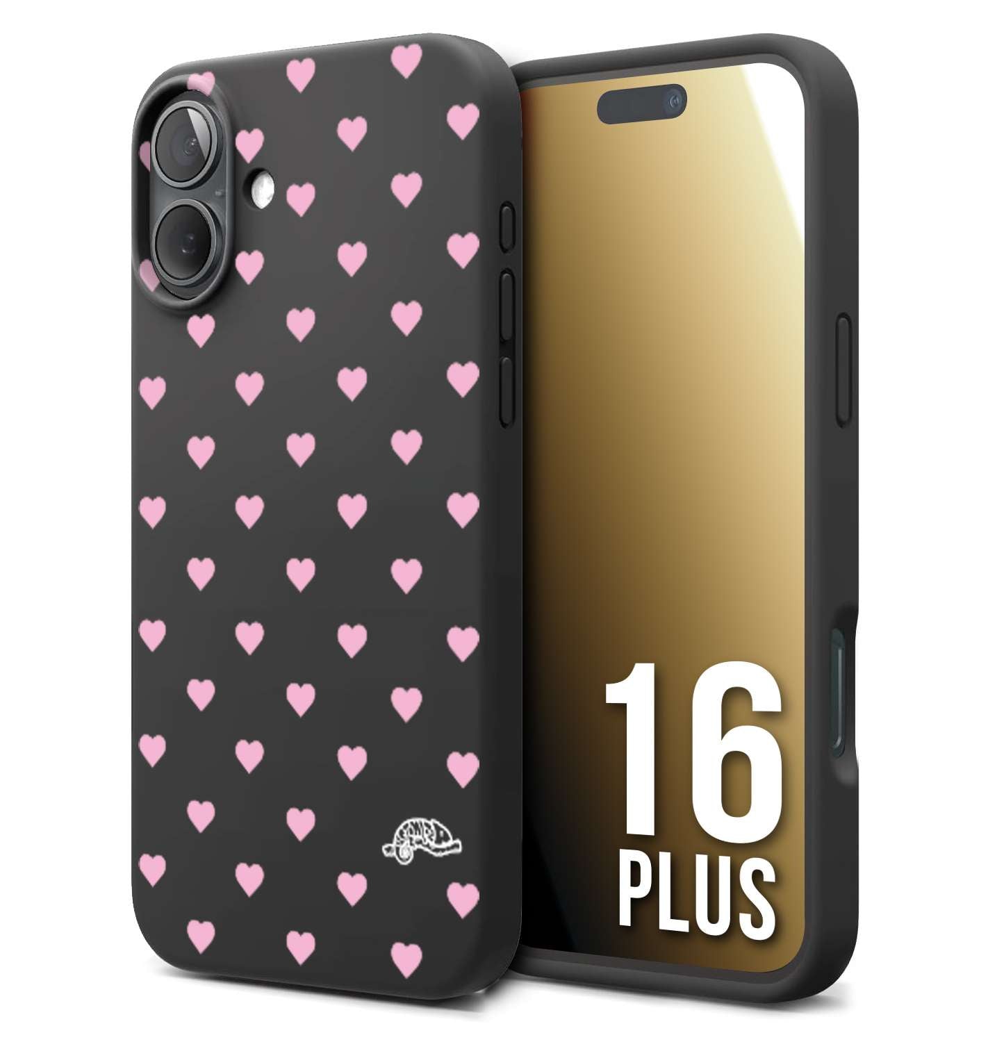 CUSTOMIZZA - Custodia cover nera morbida in tpu compatibile per iPhone 16 PLUS cuori pois rosa su nero donna pin up vintage