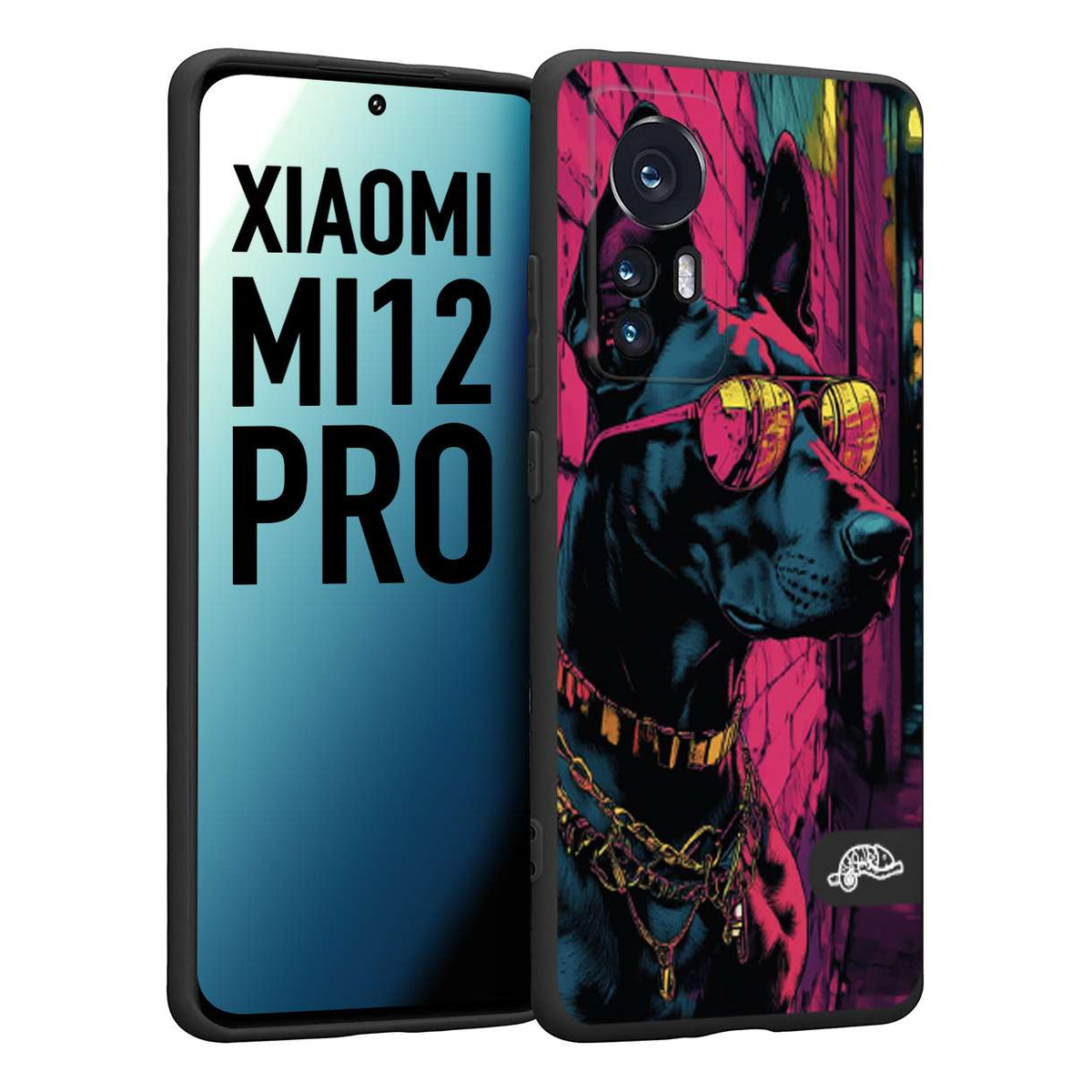 CUSTOMIZZA - Custodia cover nera morbida in tpu compatibile per Xiaomi 12 PRO animali cyberpunk dobermann cane street dog fucsia blu