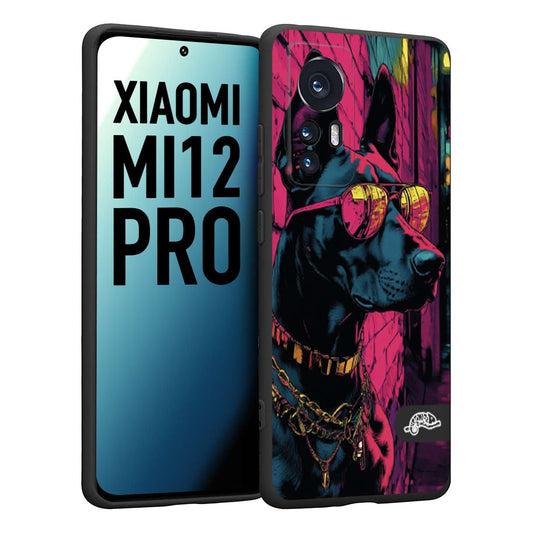 CUSTOMIZZA - Custodia cover nera morbida in tpu compatibile per Xiaomi 12 PRO animali cyberpunk dobermann cane street dog fucsia blu