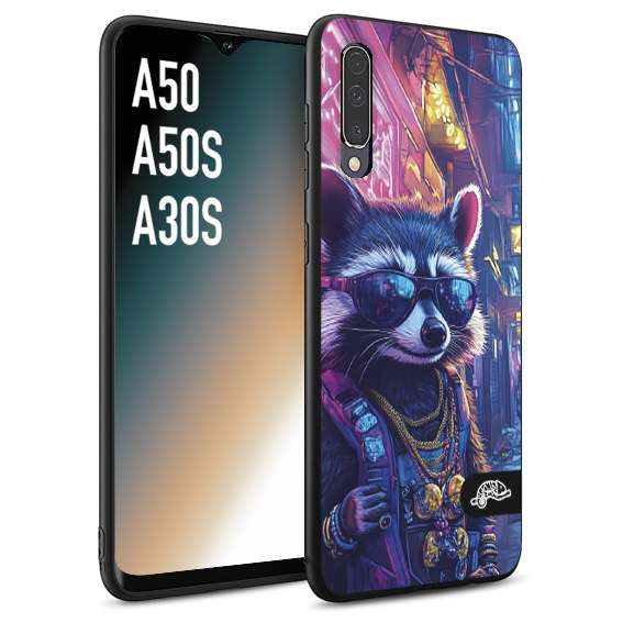 CUSTOMIZZA - Custodia cover nera morbida in tpu compatibile per Samsung A50 - A50S - A30S animali simpatici cyberpunk procione racoon street cat fucsia blu giallo