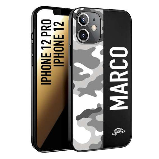 CUSTOMIZZA - Custodia cover nera morbida in tpu compatibile per iPhone 12 - 12 PRO camouflage mimetico militare personalizzata nome bianco