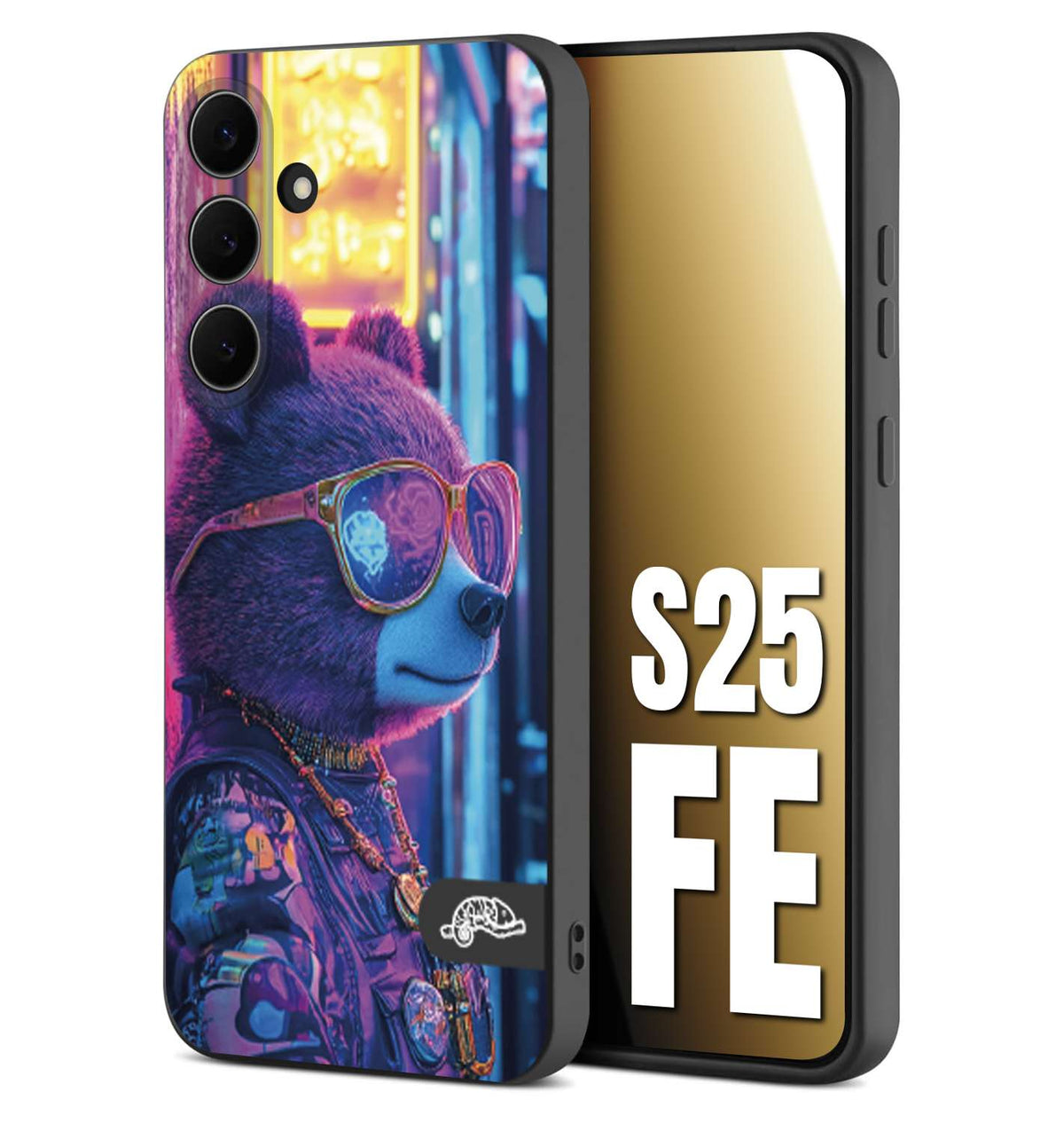CUSTOMIZZA - Custodia cover nera morbida in tpu compatibile per Samsung S25 FE animali cyberpunk orsetto orso street bear fucsia blu night