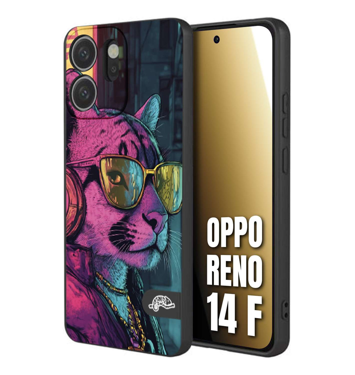 CUSTOMIZZA - Custodia cover nera morbida in tpu compatibile per Oppo Reno 14 F animali cyberpunk pantera street cat fucsia blu giallo