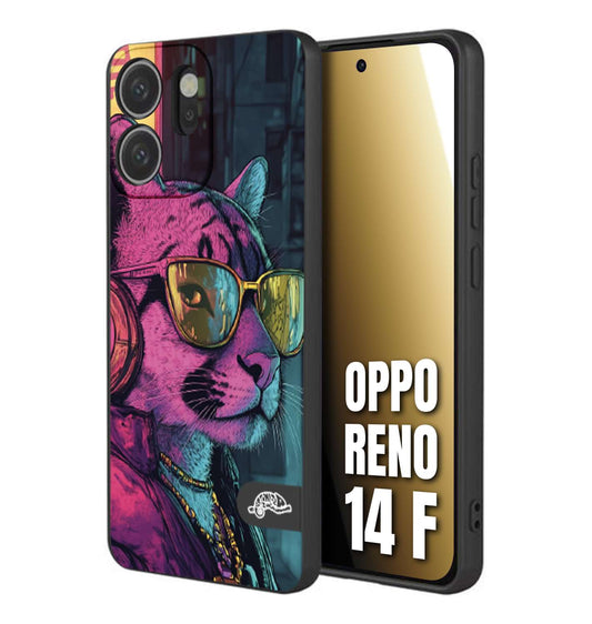 CUSTOMIZZA - Custodia cover nera morbida in tpu compatibile per Oppo Reno 14 F animali cyberpunk pantera street cat fucsia blu giallo