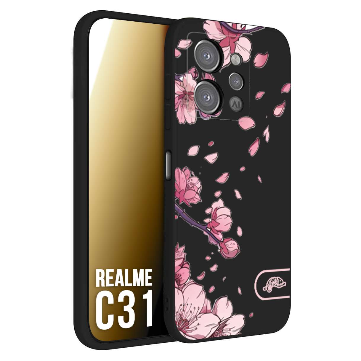 CUSTOMIZZA - Custodia cover nera morbida in tpu compatibile per Oppo Realme C31 giapponese fiori di ciliegio in fiore a rilievo disegnata tattoo