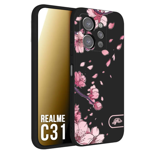 CUSTOMIZZA - Custodia cover nera morbida in tpu compatibile per Oppo Realme C31 giapponese fiori di ciliegio in fiore a rilievo disegnata tattoo