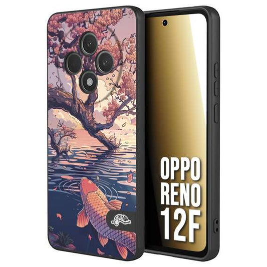 CUSTOMIZZA - Custodia cover nera morbida in tpu compatibile per Oppo Reno 12F giapponese lago carpa koi rosa con foglie d'acero disegnata tattoo