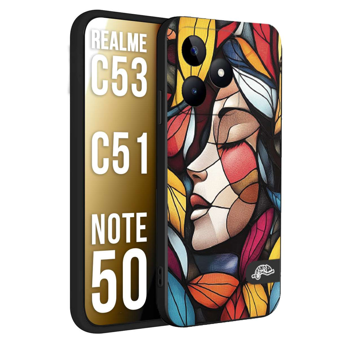 CUSTOMIZZA - Custodia cover nera morbida in tpu compatibile per Realme C53 - C51 - NOTE 50 Vetrata artistica volto di donna profilo fogliare mosaico di vetro colorato