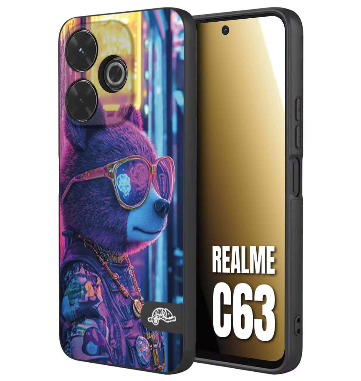 CUSTOMIZZA - Custodia cover nera morbida in tpu compatibile per Realme C63 animali cyberpunk orsetto orso street bear fucsia blu night