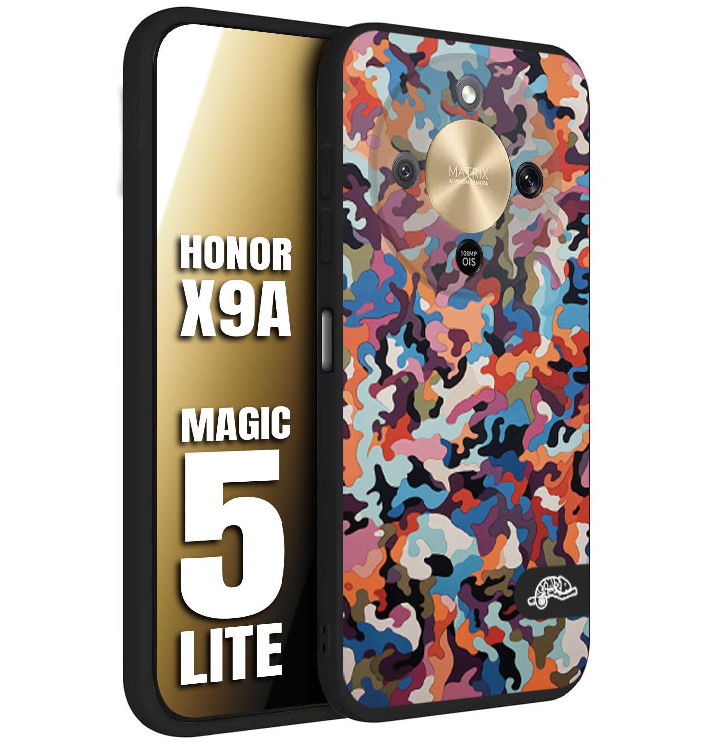 CUSTOMIZZA - Custodia cover nera morbida in tpu compatibile per Honor X9A - Honor Magic 5 Lite camouflage mimetico militare moderno blu arancio rosa