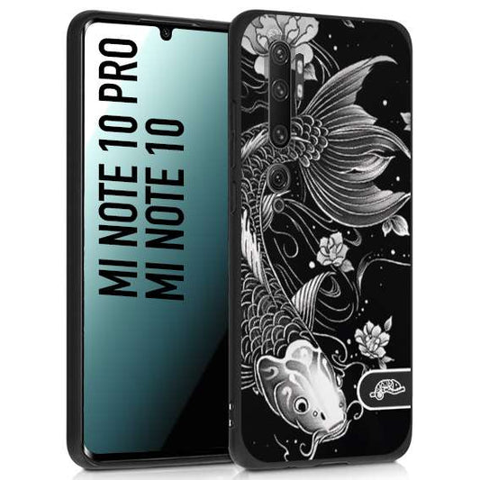 CUSTOMIZZA - Custodia cover nera morbida in tpu compatibile per Xiaomi Mi Note 10 - Mi Note 10 Pro carpa koi black and white bianco a rilievo disegnato tattoo tatuaggio