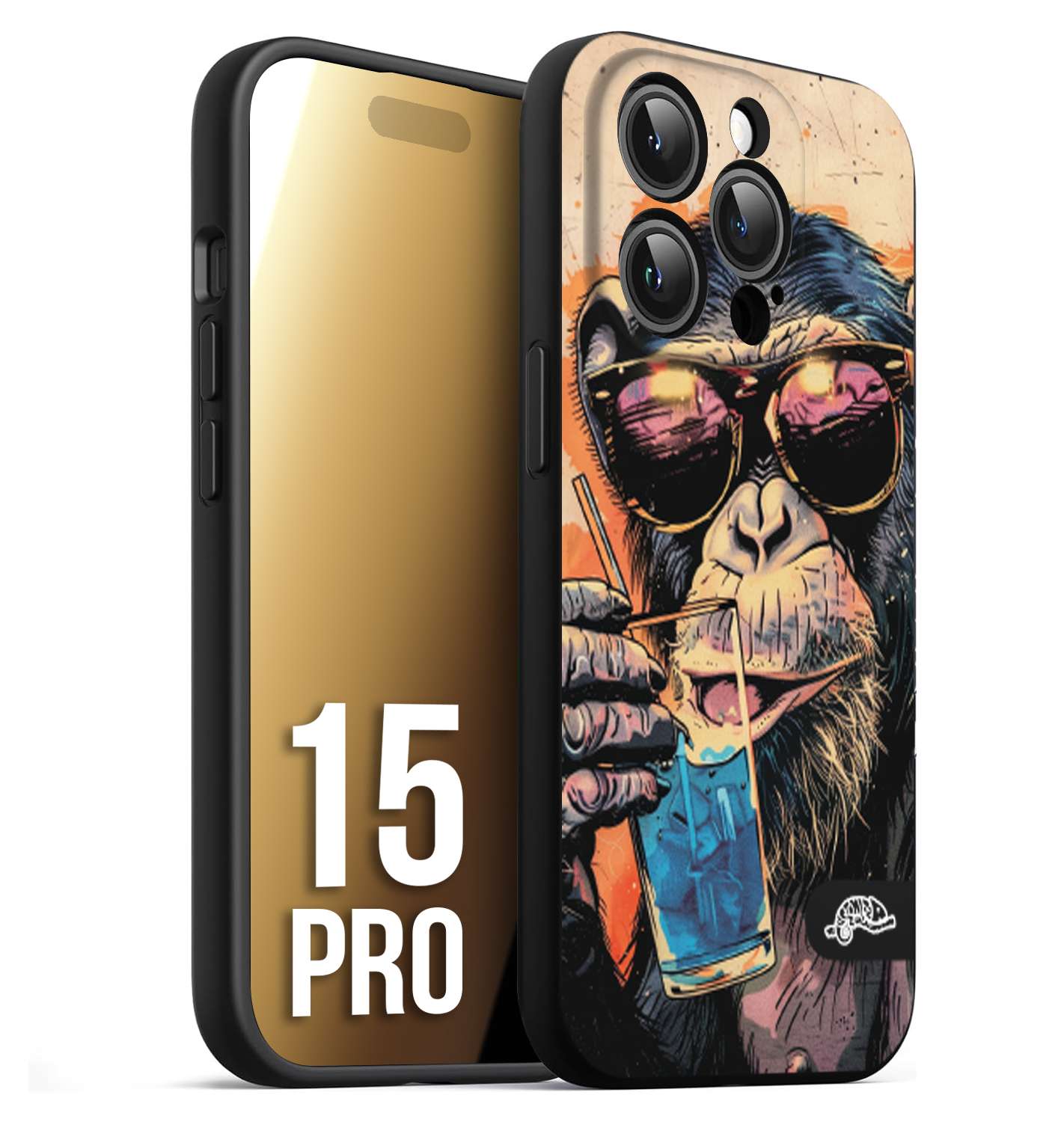 CUSTOMIZZA - Custodia cover nera morbida in tpu compatibile per iPhone 15 PRO estate disegnata cocktails animali simpatici scimmia monkey negroni