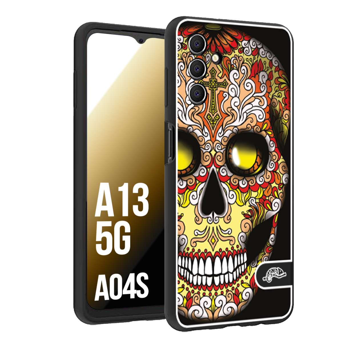 CUSTOMIZZA - Custodia cover nera morbida in tpu compatibile per Samsung A04S - A13 5G teschio messicano Mexican skull giallo rosso arancio