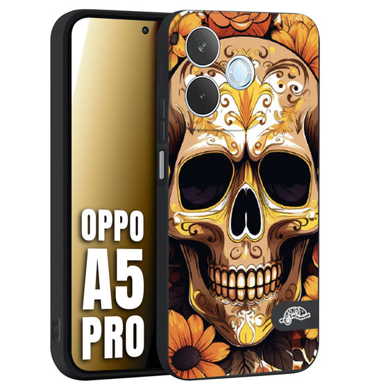 CUSTOMIZZA - Custodia cover nera morbida in tpu compatibile per Oppo A5 PRO teschio messicano colorato dorato fiori tattoo disegnato