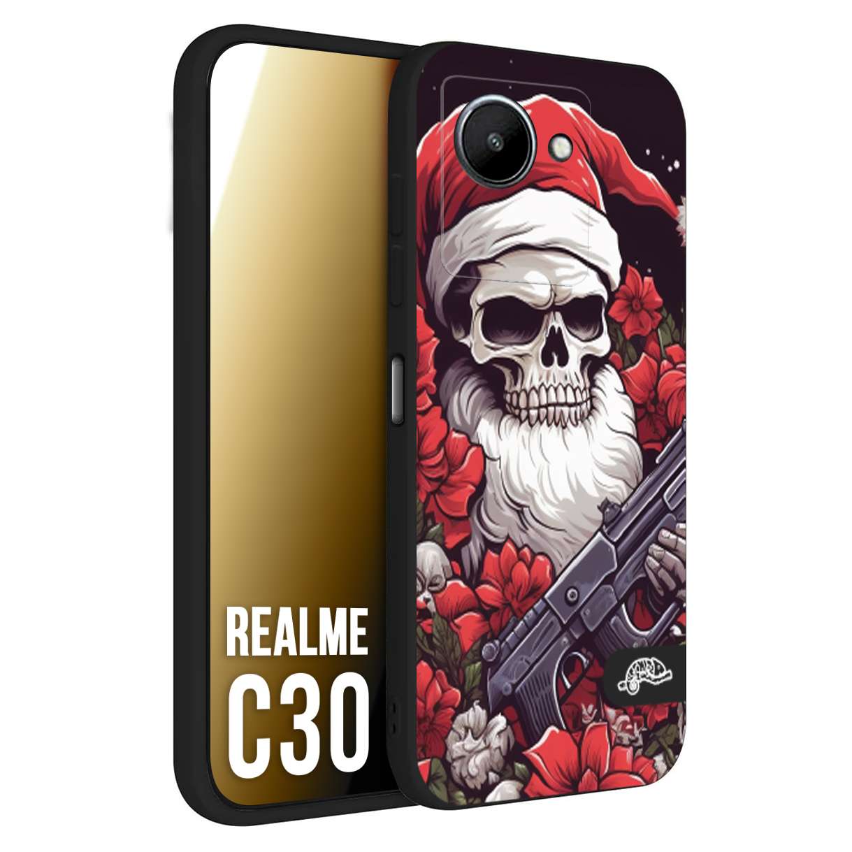 CUSTOMIZZA - Custodia cover nera morbida in tpu compatibile per Oppo Realme C30 teschio natale santa claus fiori tattoo disegnato