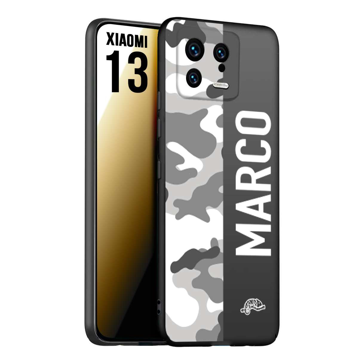 CUSTOMIZZA - Custodia cover nera morbida in tpu compatibile per Xiaomi 13 camouflage mimetico militare personalizzata nome bianco