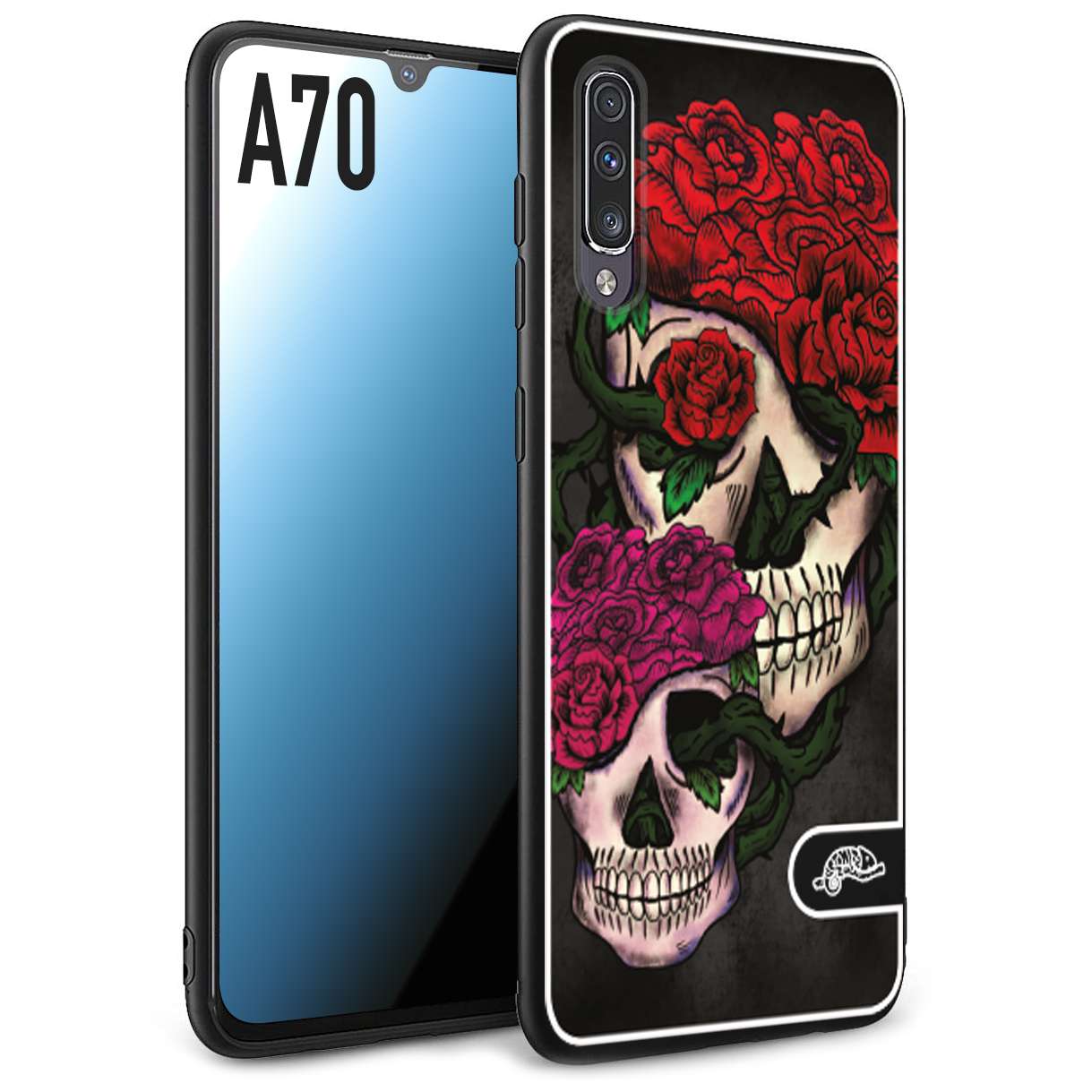 CUSTOMIZZA - Custodia cover nera morbida in tpu compatibile per Samsung A70 teschi e rose rosse fucsia skull and roses