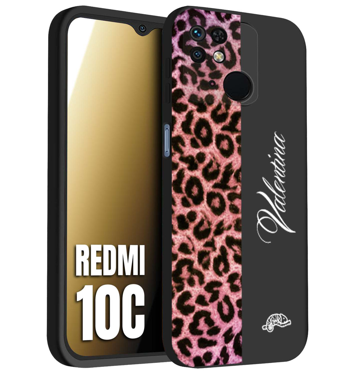 CUSTOMIZZA - Custodia cover nera morbida in tpu compatibile per Xiaomi Redmi 10C leopardato rosa fucsia personalizzata nome iniziali