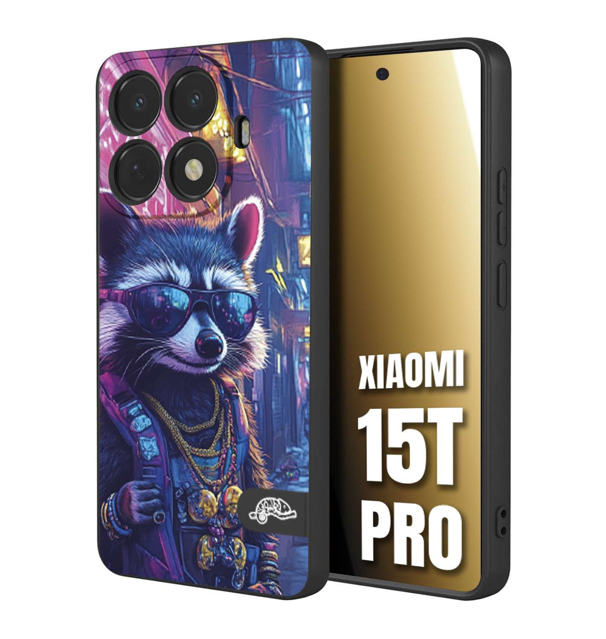 CUSTOMIZZA - Custodia cover nera morbida in tpu compatibile per Xiaomi 15T PRO animali simpatici cyberpunk procione racoon street cat fucsia blu giallo