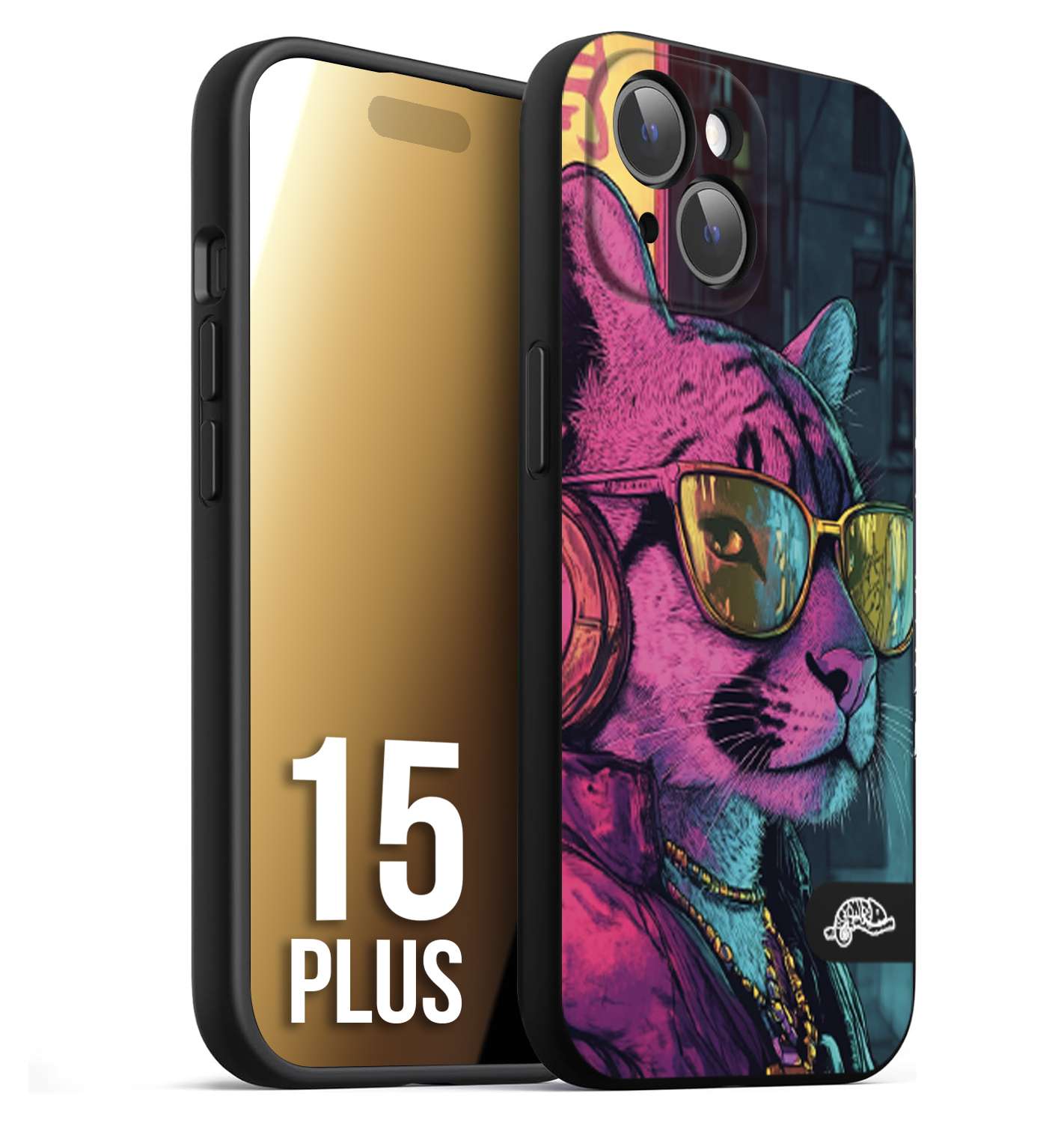 CUSTOMIZZA - Custodia cover nera morbida in tpu compatibile per iPhone 15 PLUS animali cyberpunk pantera street cat fucsia blu giallo