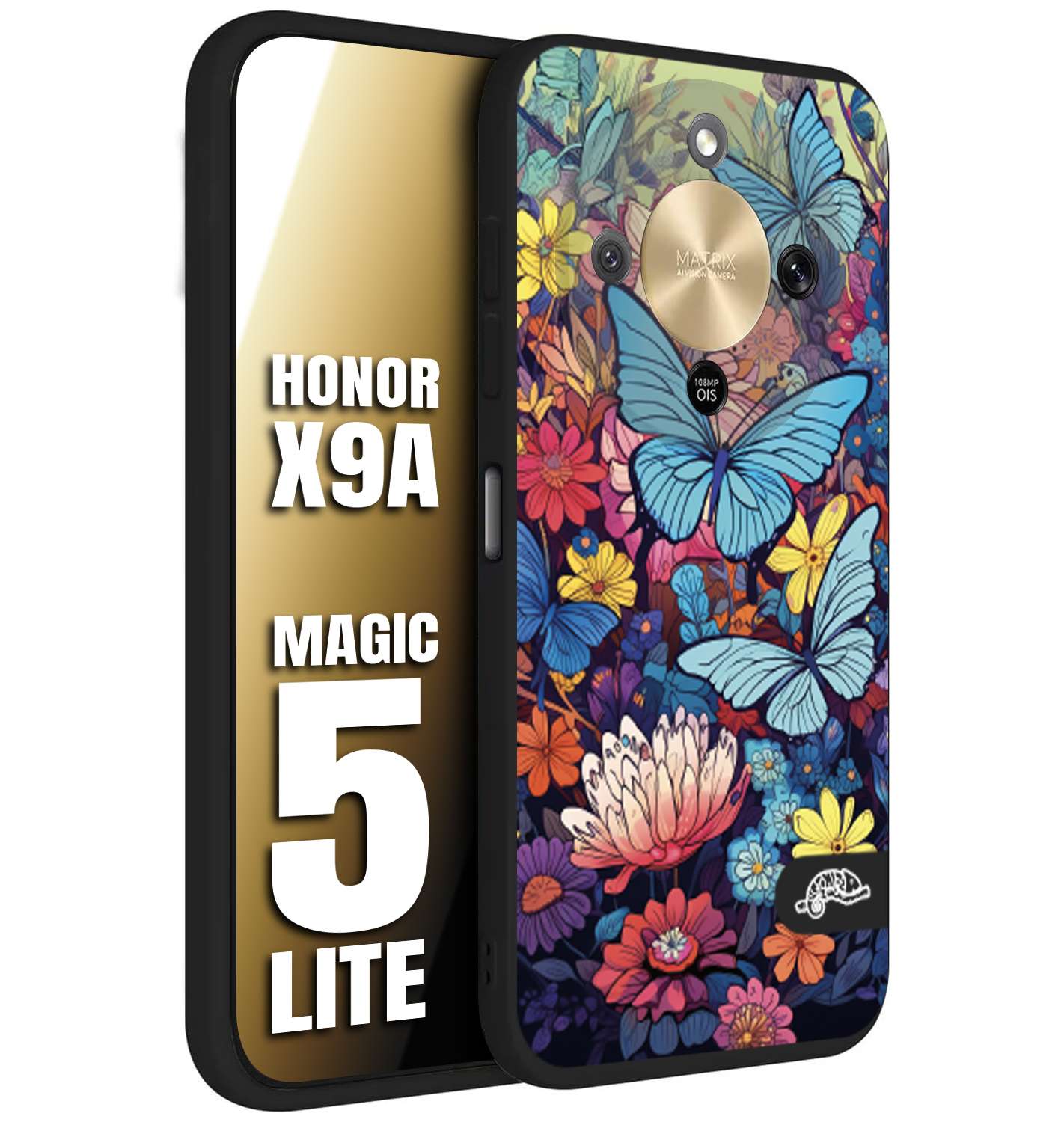 CUSTOMIZZA - Custodia cover nera morbida in tpu compatibile per Honor X9A - Honor Magic 5 Lite farfalle butterfly moderno donna disegnate gialla blu rosa