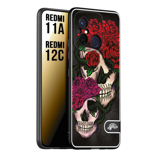 CUSTOMIZZA - Custodia cover nera morbida in tpu compatibile per Xiaomi Redmi 11A - 12C teschi e rose rosse fucsia skull and roses