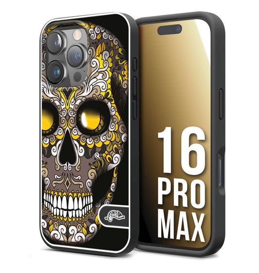 CUSTOMIZZA - Custodia cover nera morbida in tpu compatibile per iPhone 16 PRO MAX teschio messicano Mexican skull nero giallo