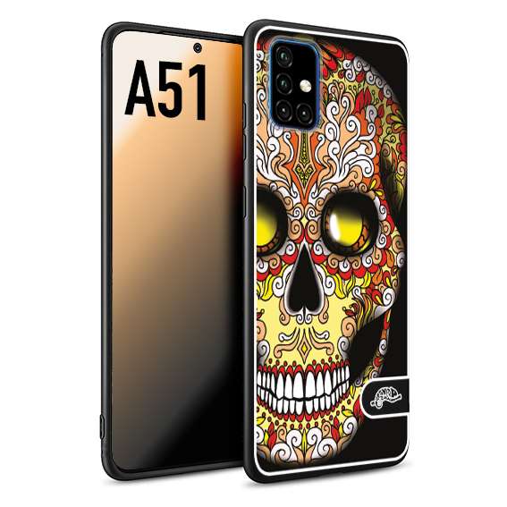 CUSTOMIZZA - Custodia cover nera morbida in tpu compatibile per Samsung A51 teschio messicano Mexican skull giallo rosso arancio