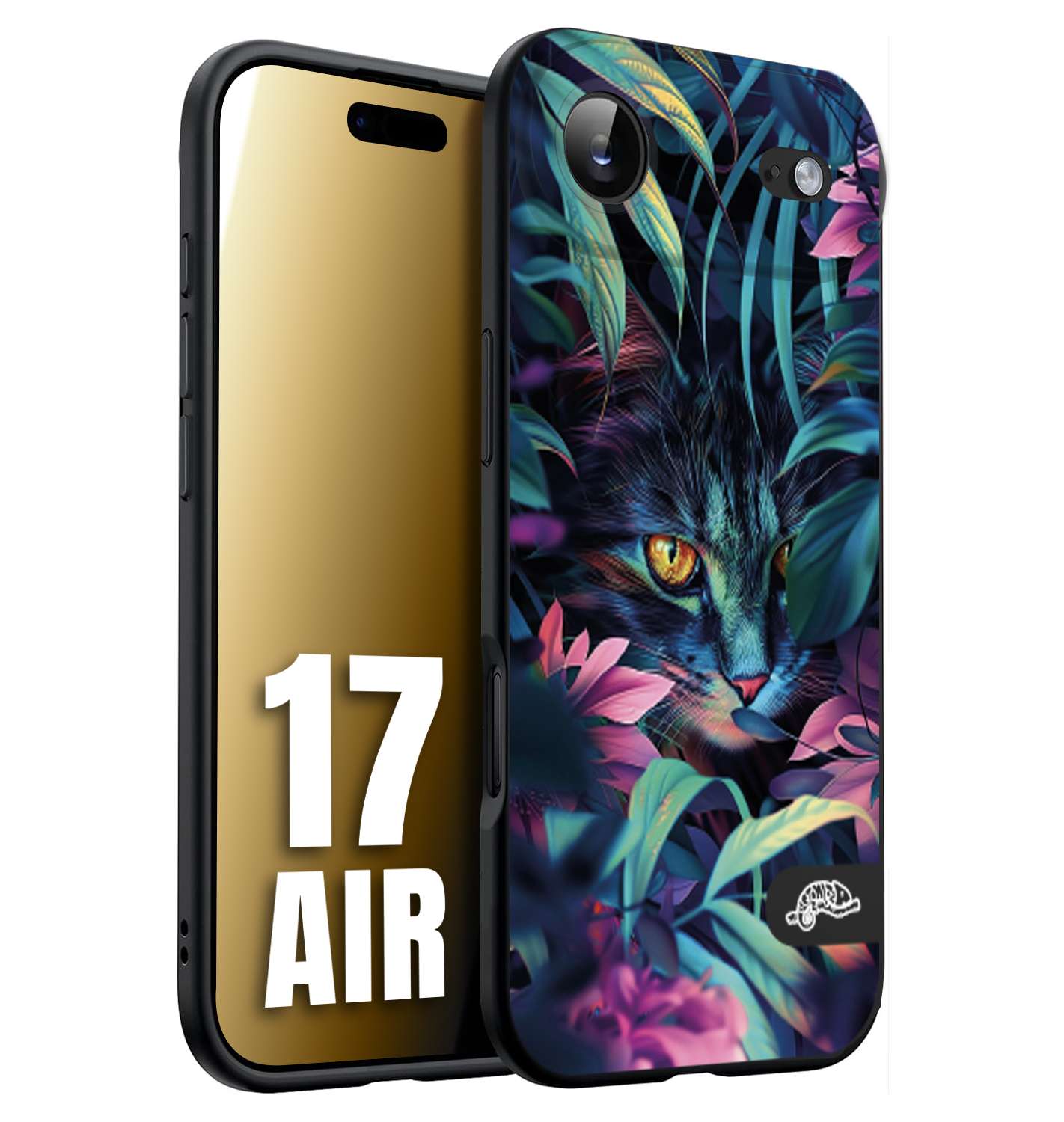 CUSTOMIZZA - Custodia cover nera morbida in tpu compatibile per iPhone 17 AIR animali color giungla tropicale occhio di gatto colori vibranti disegnato